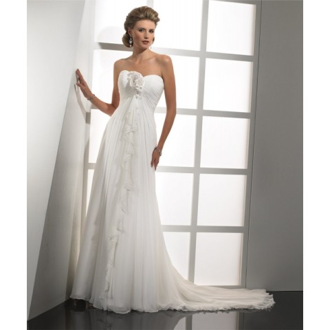 strapless-handmade-flowers-white-chiffon-wedding-dress